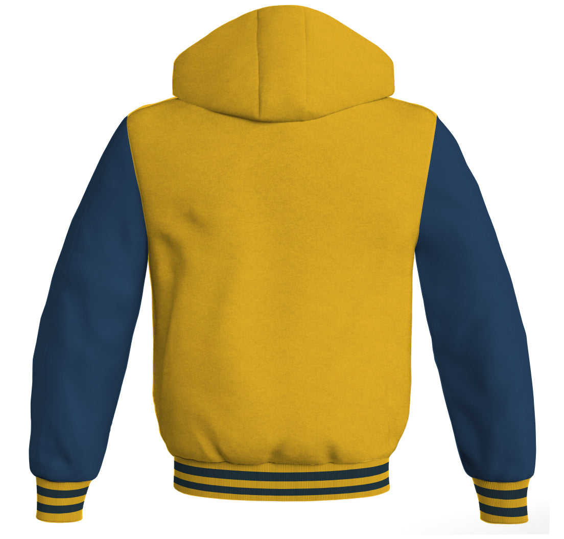 Letterman Hoodie Yellow/Gold Body and Navy Blue Leather Sleeves Varsity Hoodie