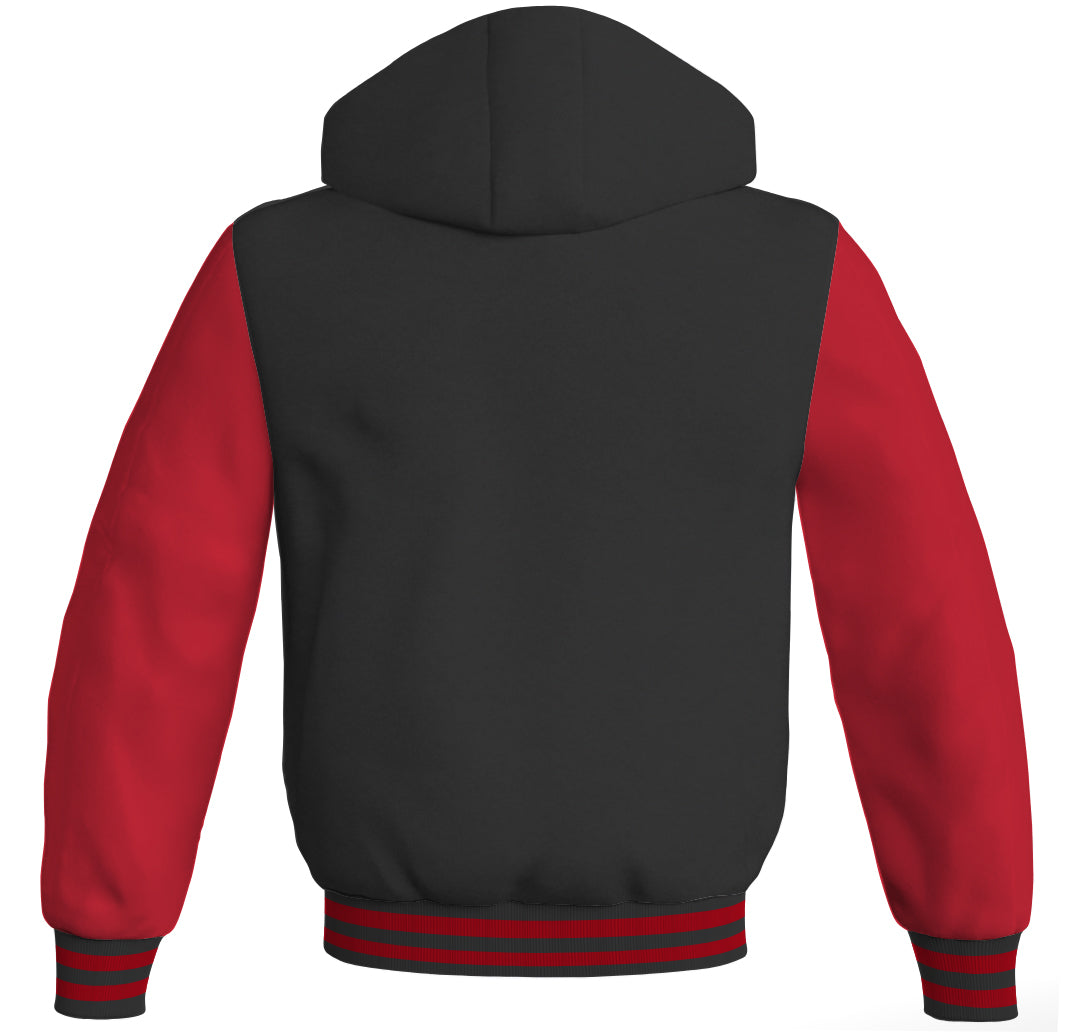 Hoodies For Men Black Body and Red Leather Sleeves Varsity Hoodie