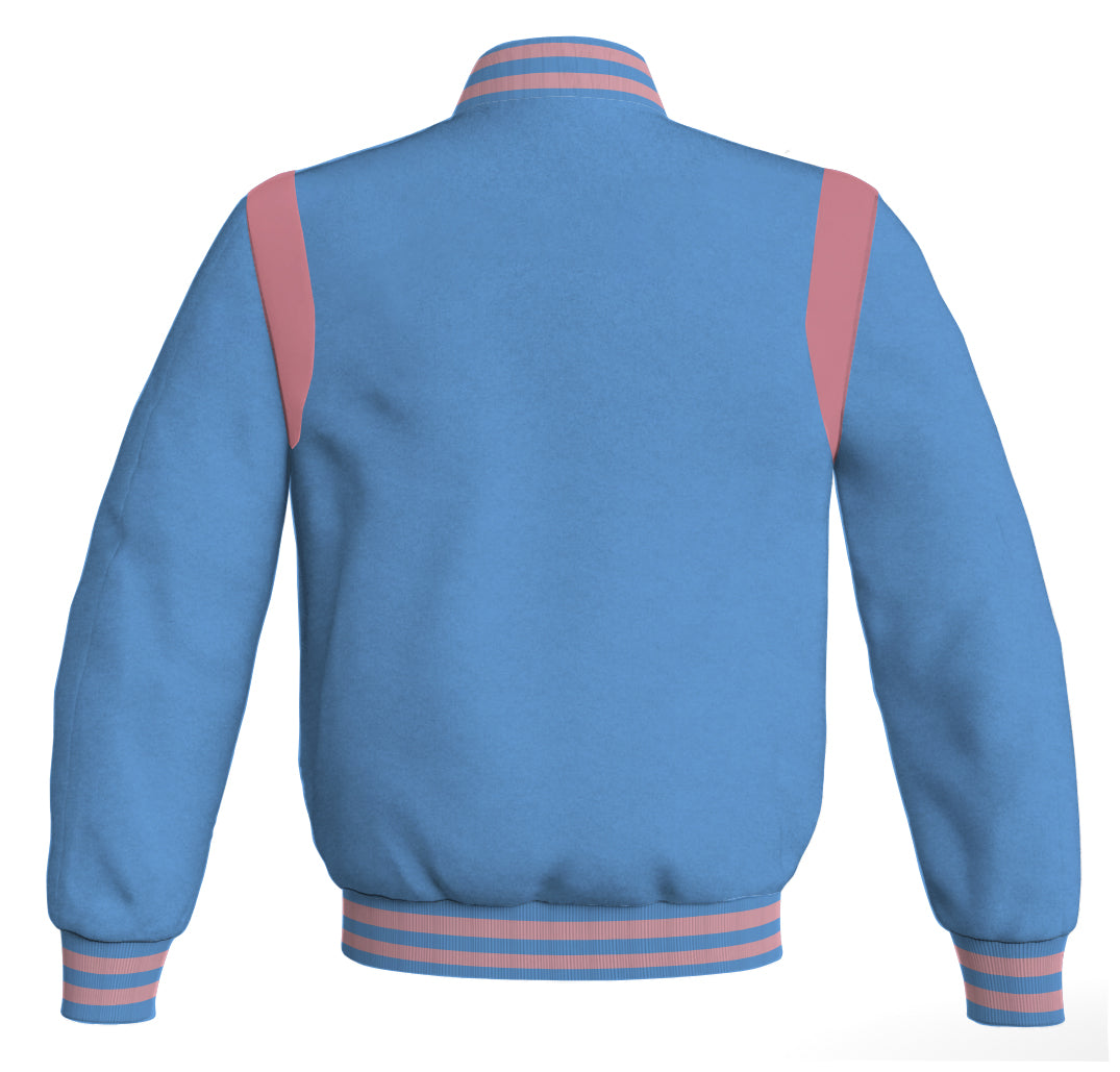 Retro style bomber jacket in sky blue with orange leather accents.