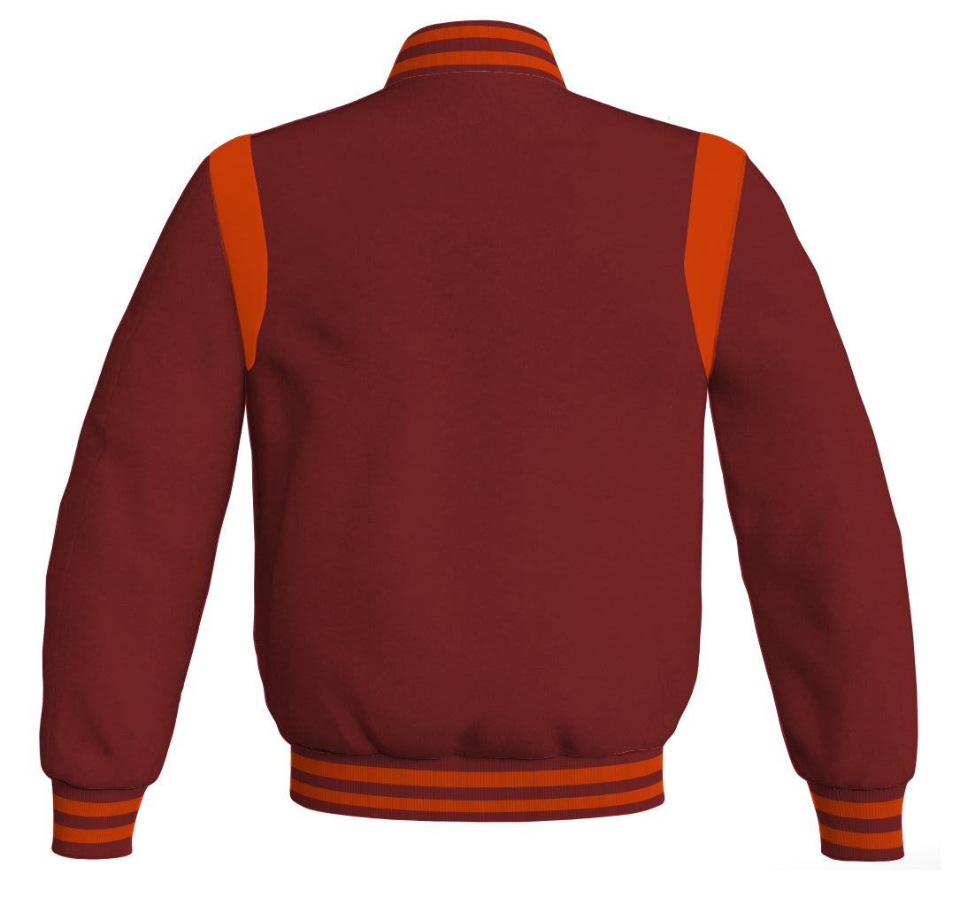 Letterman Baseball Bomber Jacket: Maroon body with orange leather inserts. Retro style.