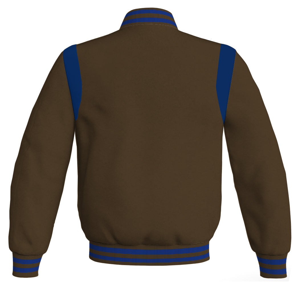 Retro brown bomber jacket with blue leather inserts, inspired by Letterman baseball style.