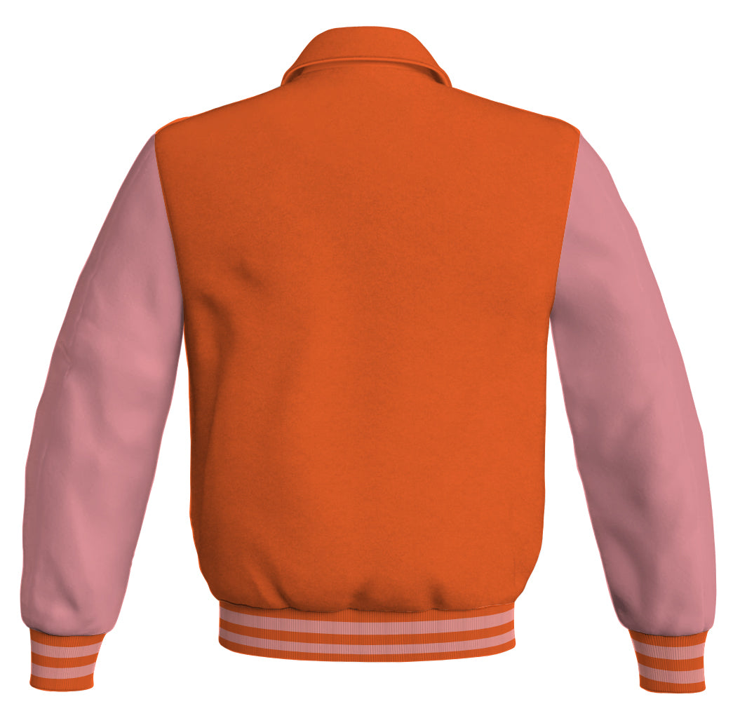  Fashionable bomber jacket featuring orange body and pink leather sleeves.