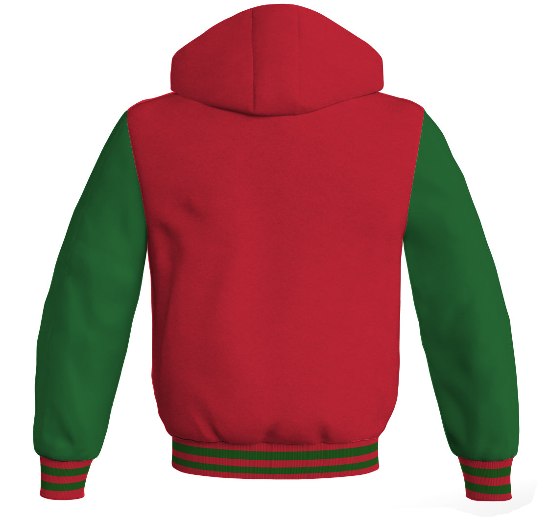 Letterman Bomber Hoodie Jacket Red Body Green Leather 