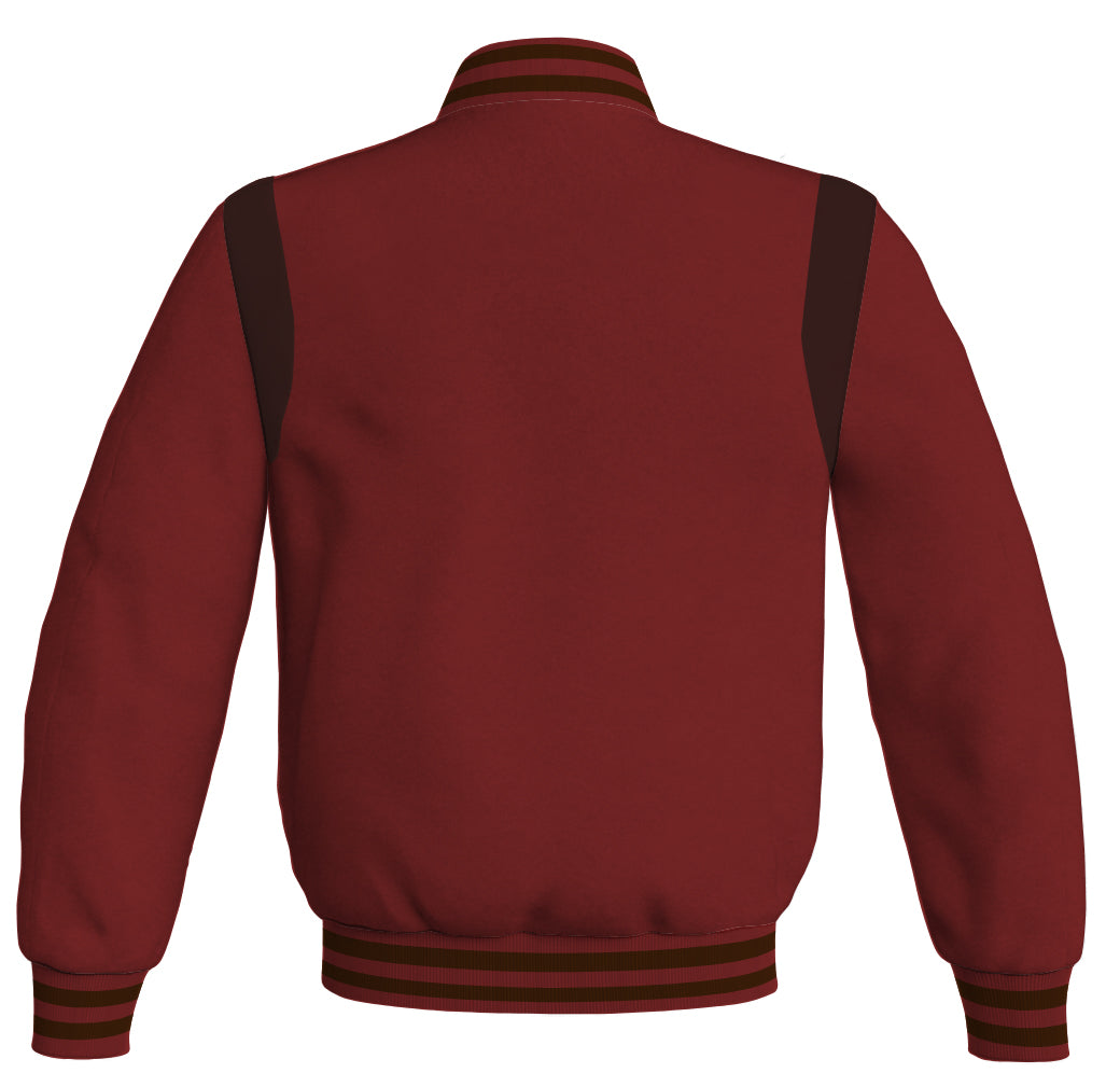 Maroon and brown Letterman jacket with vintage baseball design.