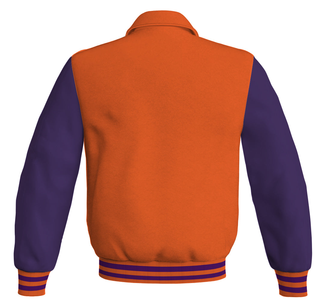  Fashionable bomber jacket featuring orange body and purple leather sleeves.