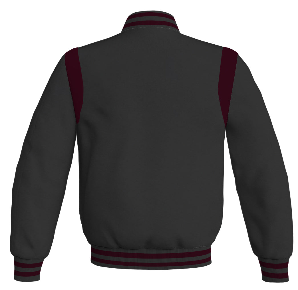 Black Letterman baseball bomber jacket with maroon leather inserts.