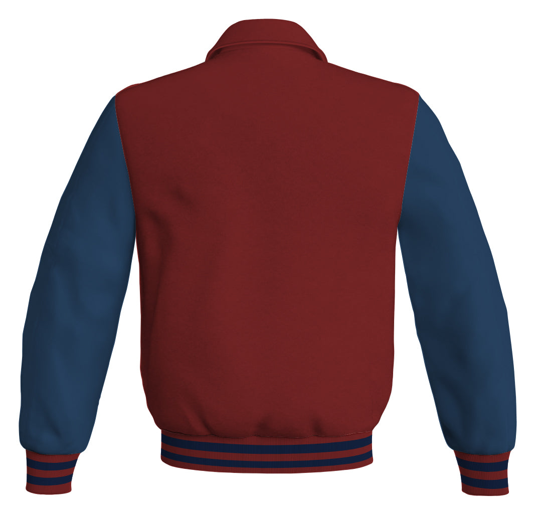 Luxury Bomber Classic Jacket Maroon Body and Navy Blue Leather 