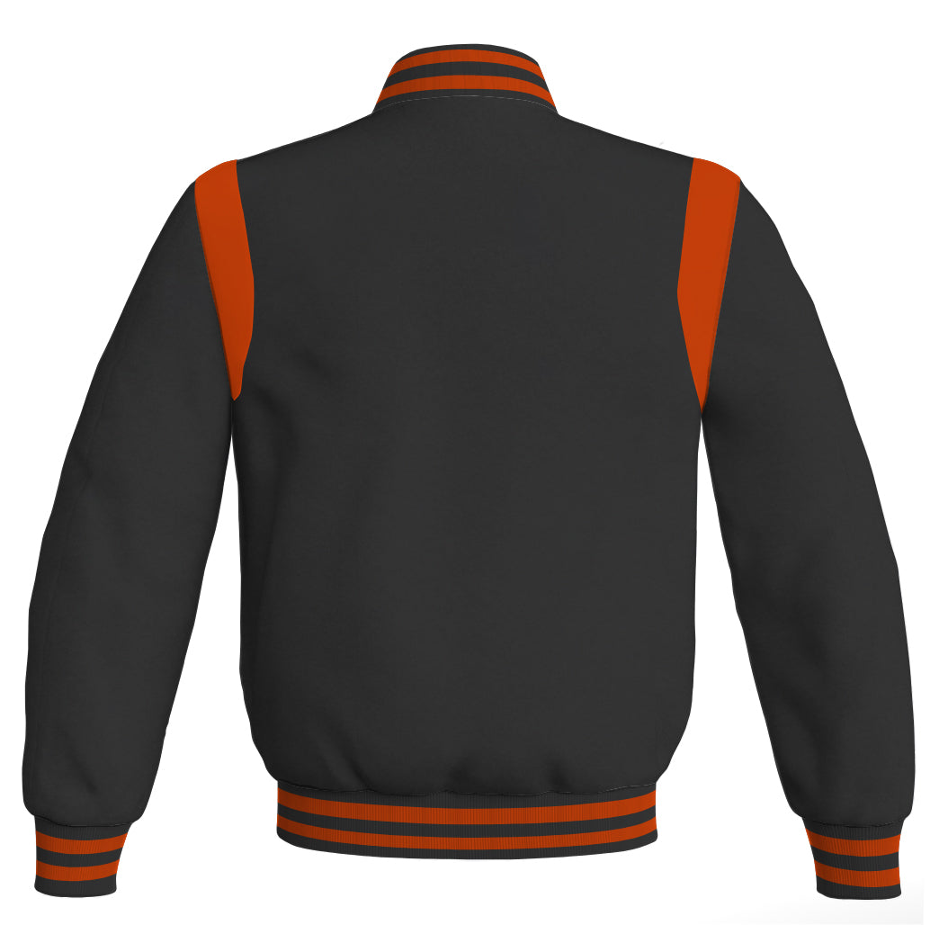 Letterman Baseball Bomber Jacket: Black body with orange leather inserts. Retro style.