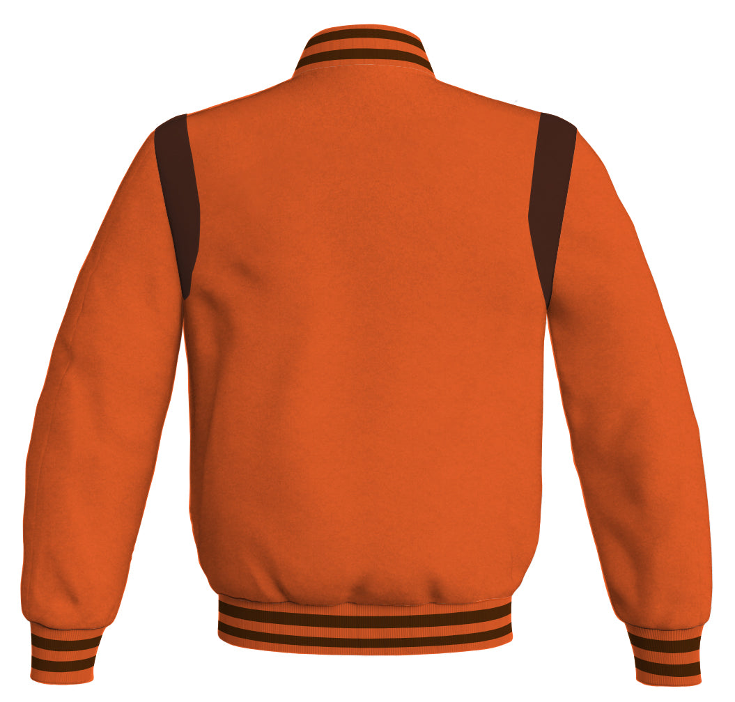 Letterman Baseball Bomber Retro Jacket: Orange body with brown leather inserts.