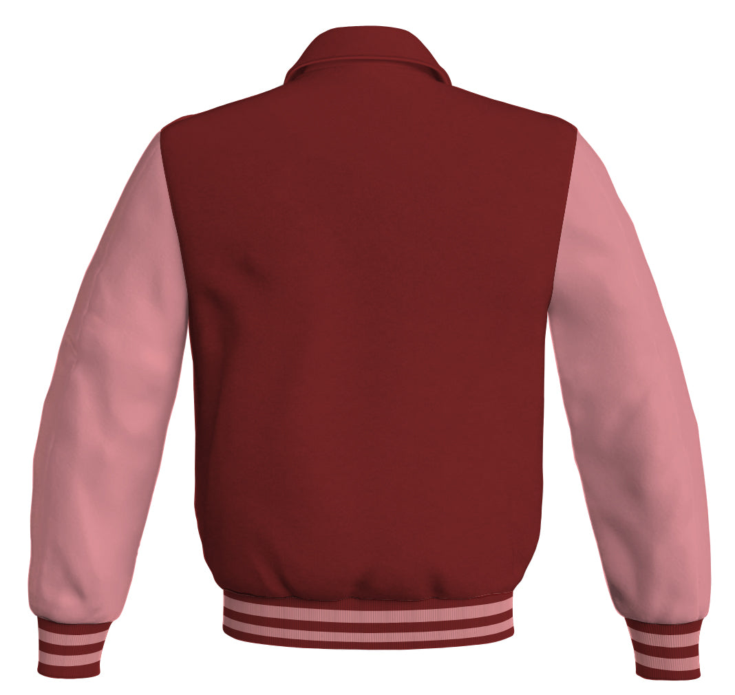 Maroon bomber jacket with pink leather sleeves.