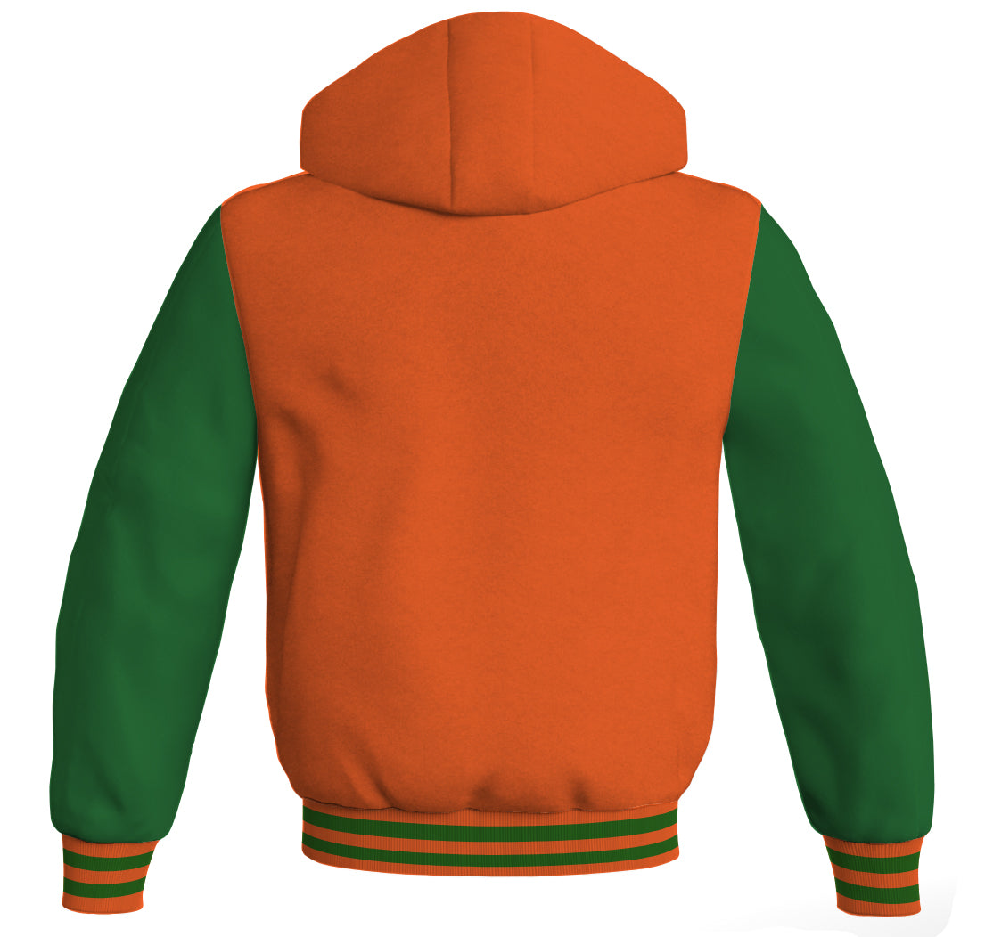 Letterman Bomber Hoodie Jacket Orange Body Green Leather 