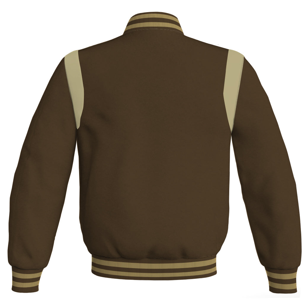 Letterman Baseball Bomber Jacket: Brown body with cream leather inserts. Retro style.