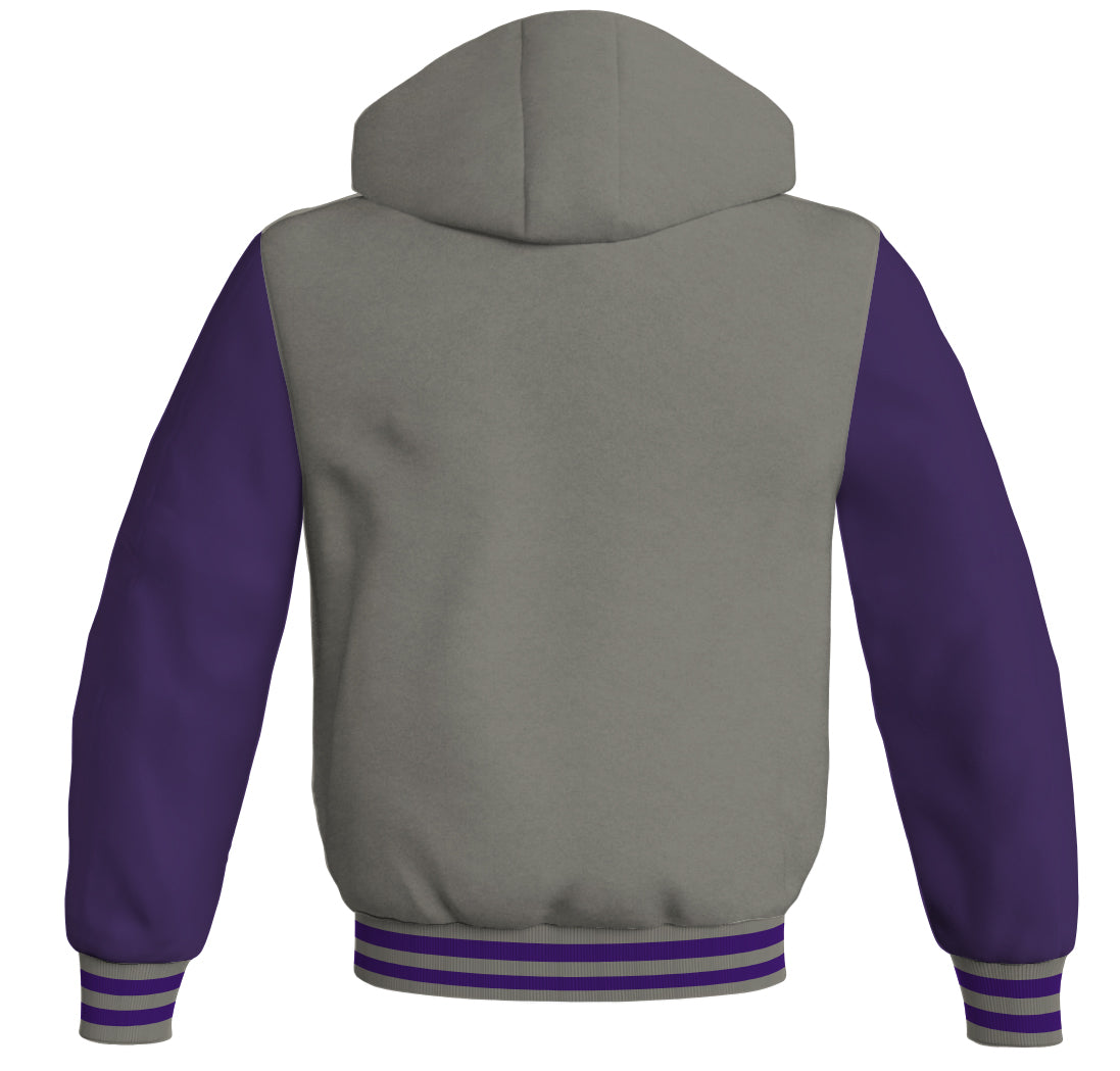 Letterman Bomber Hoodie Jacket Gray Body Purple Leather 