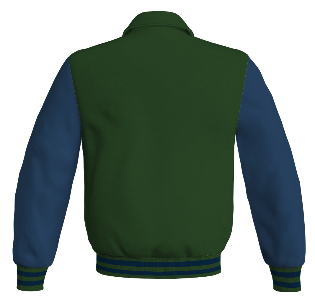 Luxury Bomber Classic Jacket Forest Green Body and Navy Blue Leather