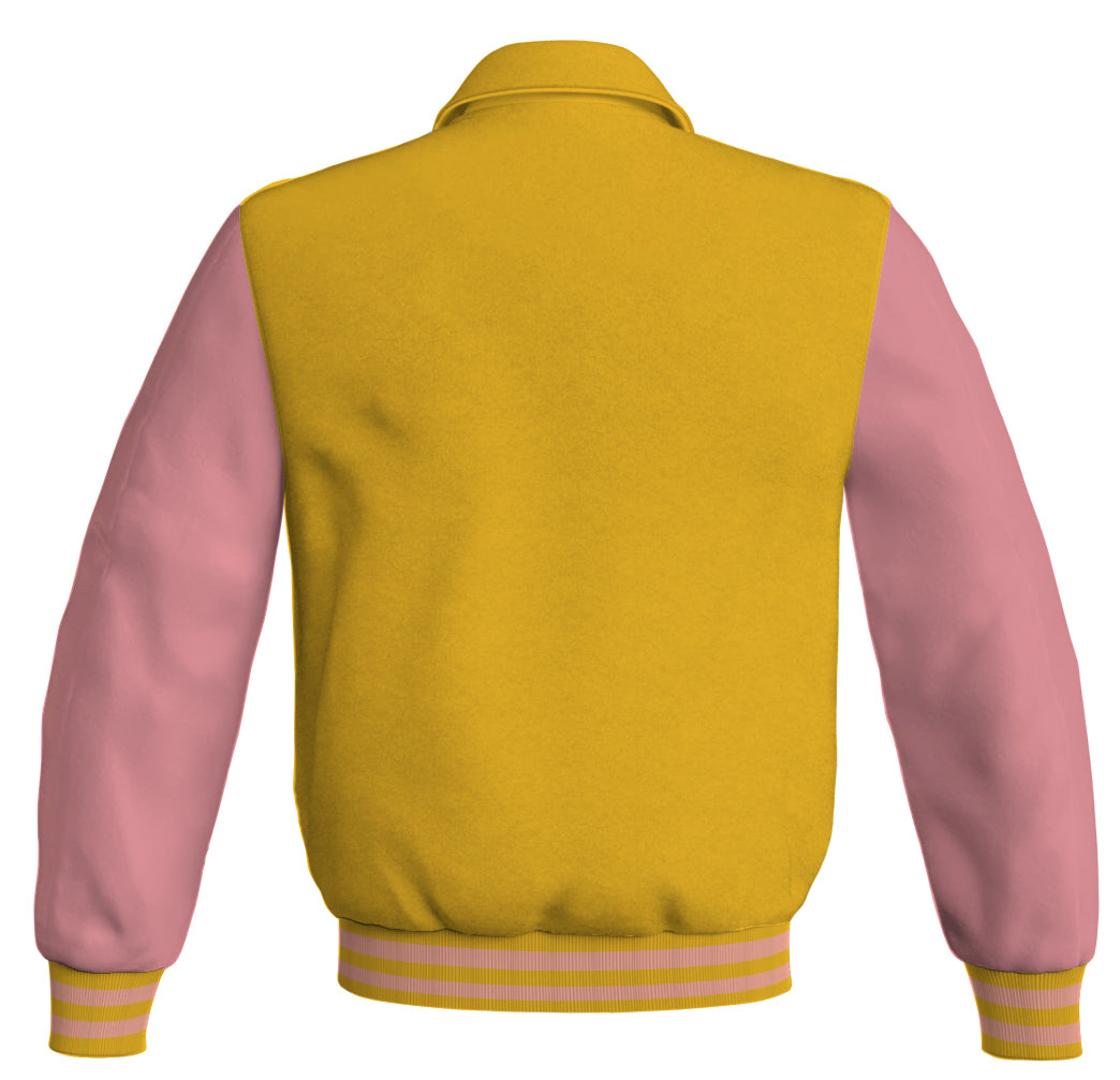 Yellow/gold bomber jacket with pink leather sleeves.