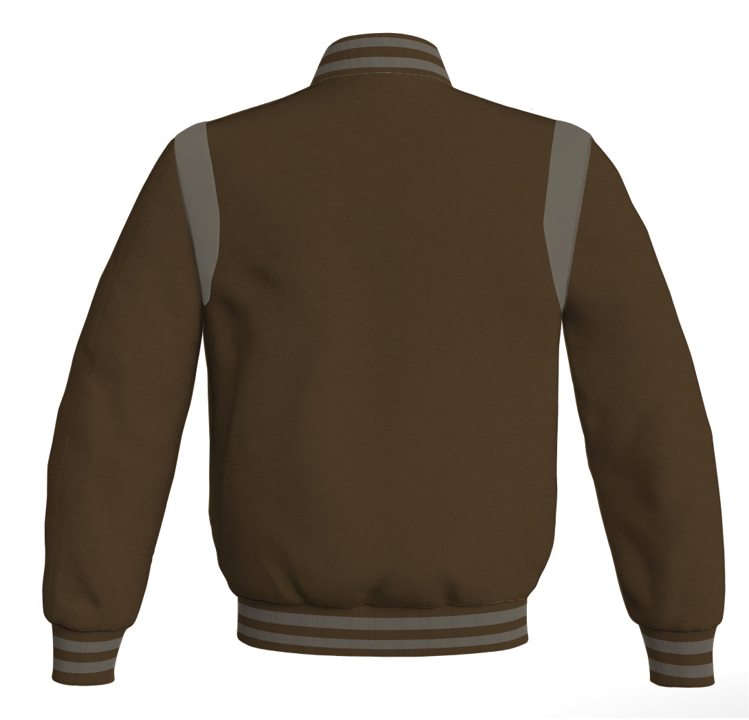 Letterman Baseball Bomber Retro Jacket: Brown body with gray leather inserts.