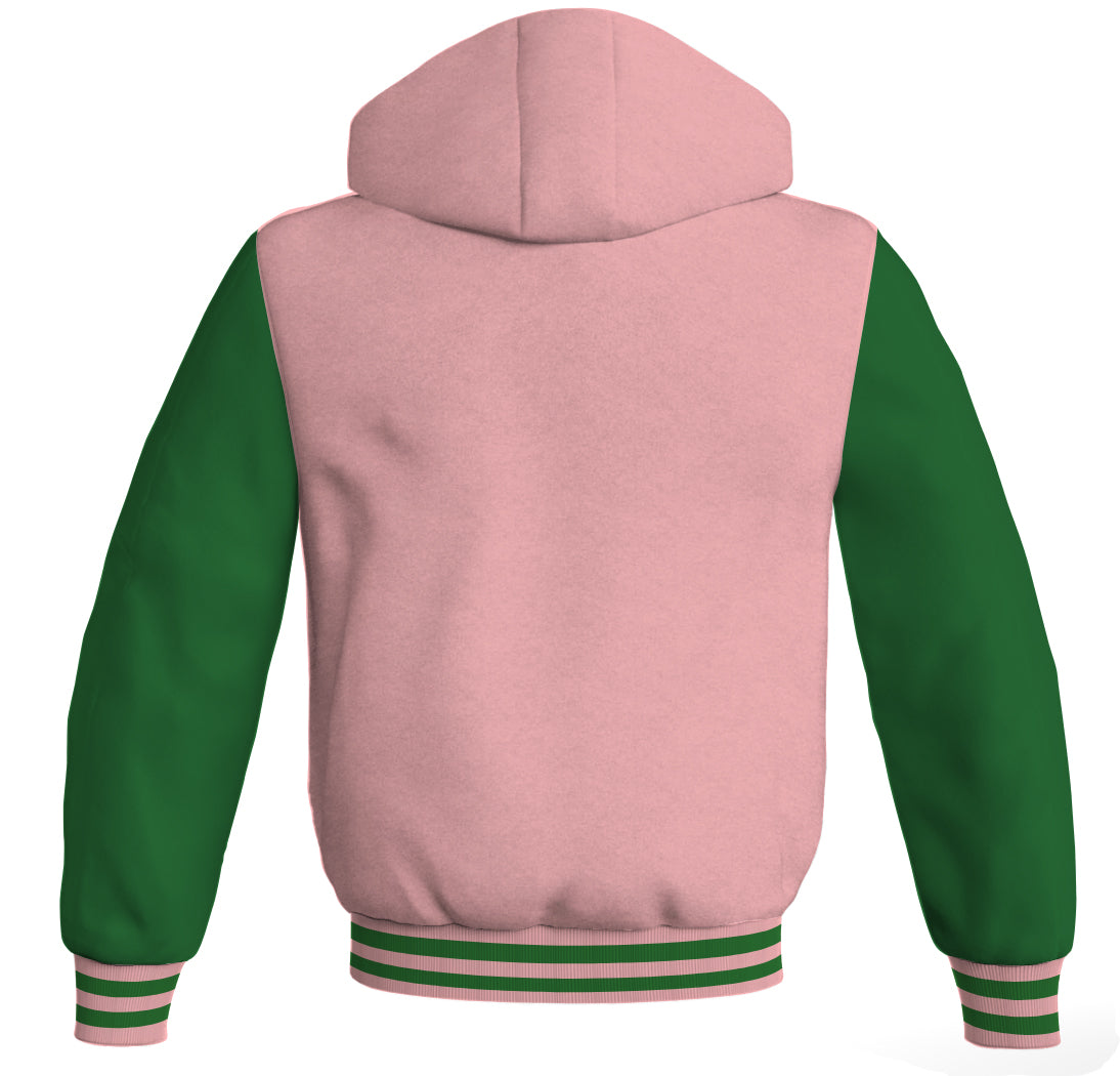 Letterman Bomber Hoodie Jacket Pink Body Green Leather 