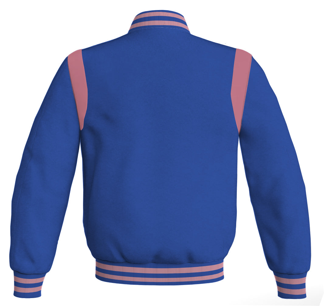 Retro Letterman baseball bomber jacket in royal blue with pink leather inserts.