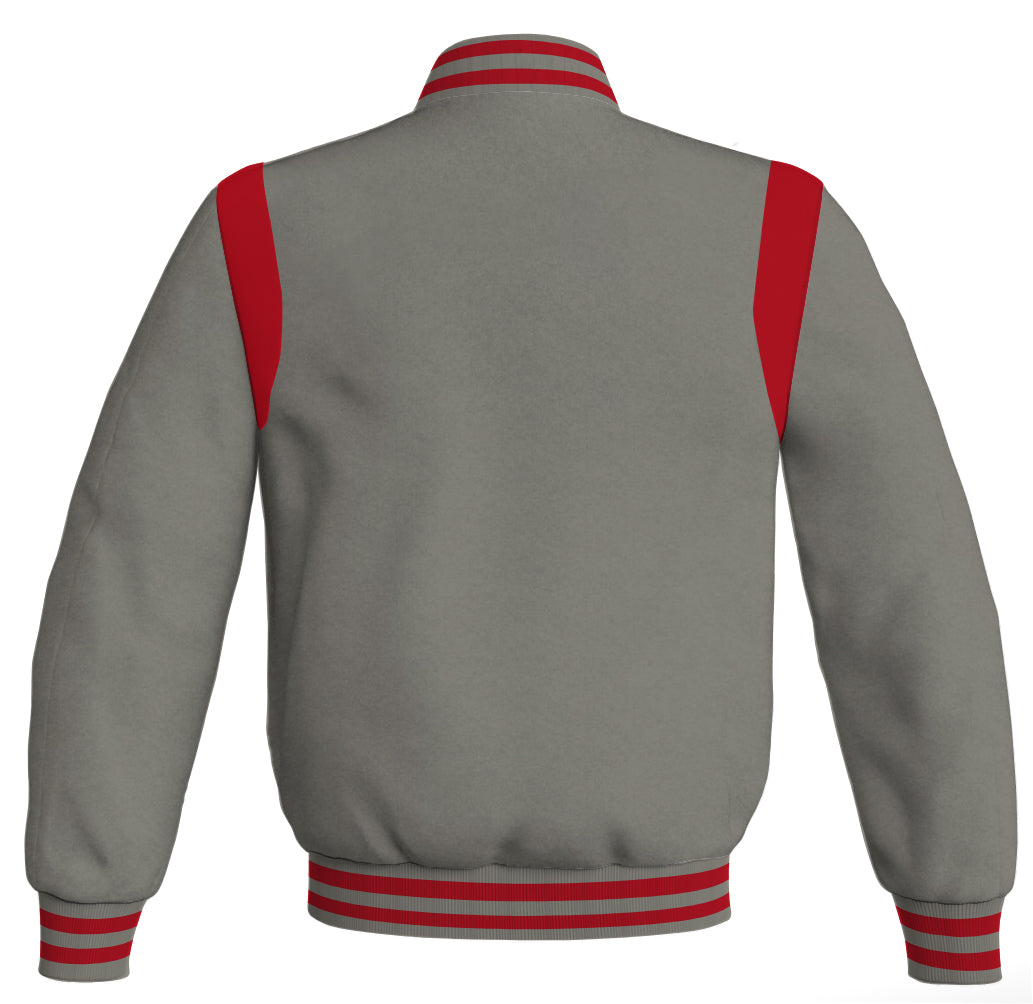 Letterman Baseball Bomber Jacket: Gray body with red leather inserts. Retro style.