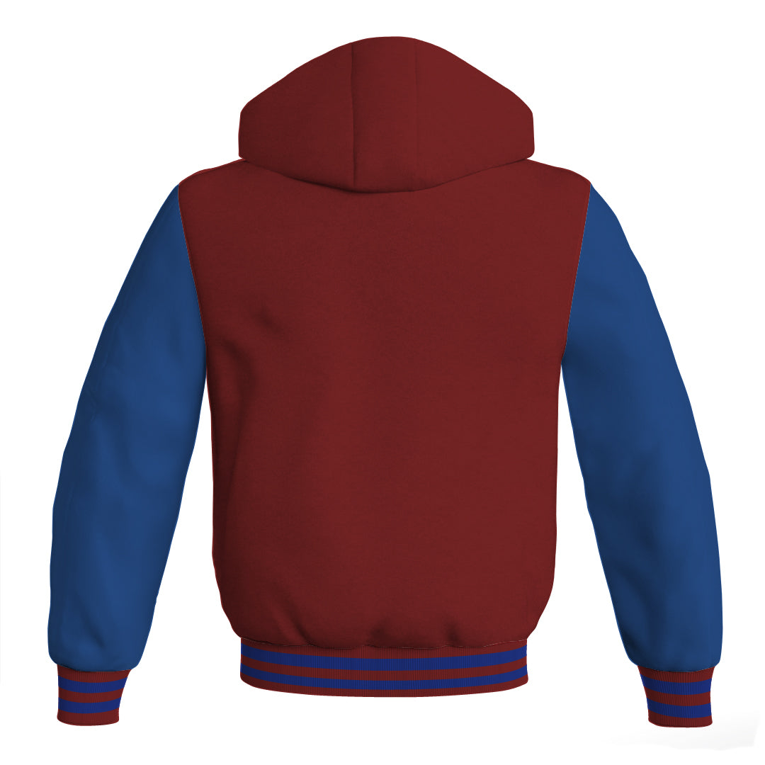 Letterman Bomber Hoodie Jacket Maroon Body Blue Leather 