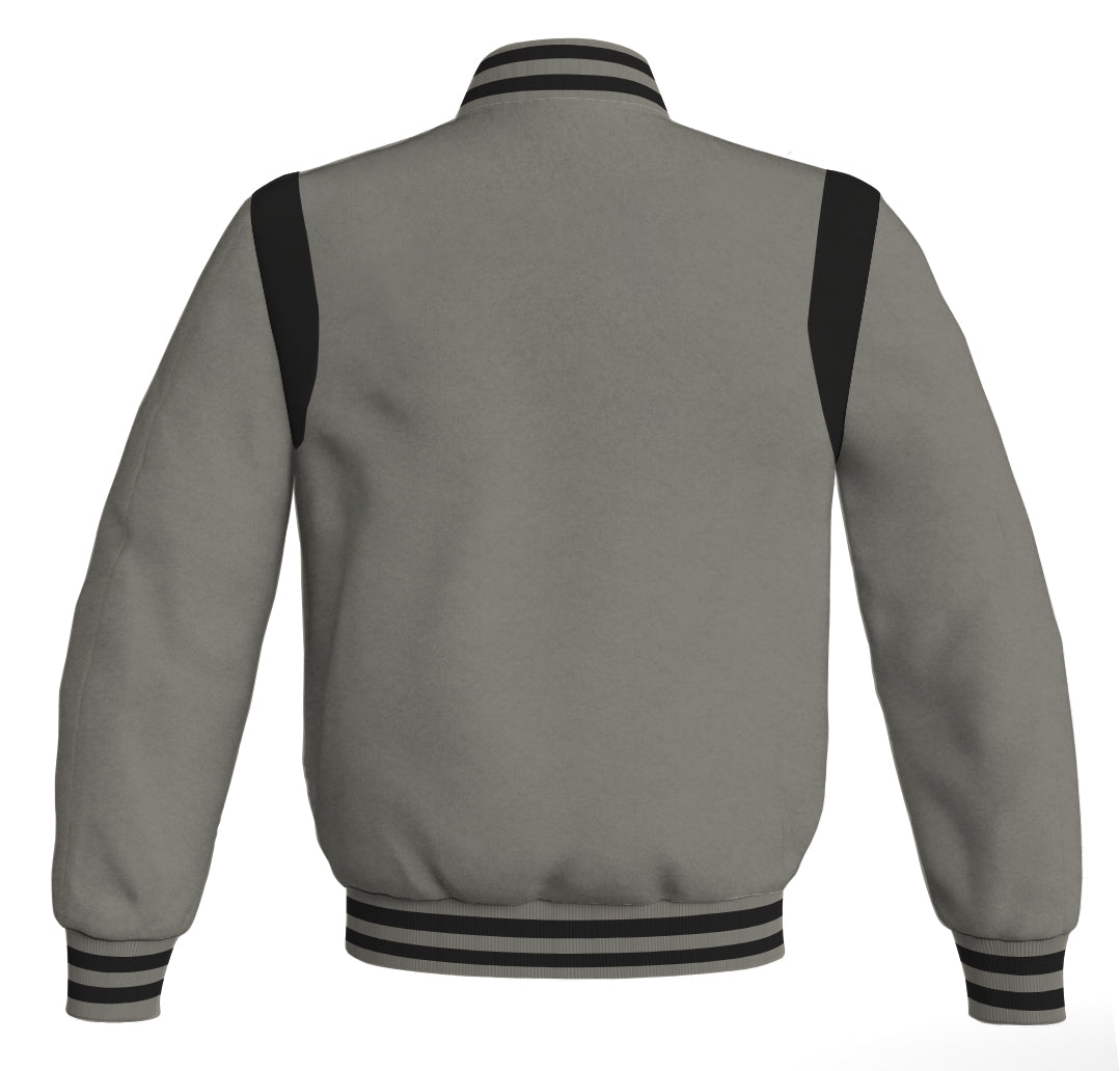 Letterman Baseball Bomber Retro Jacket: Gray body with black leather inserts.