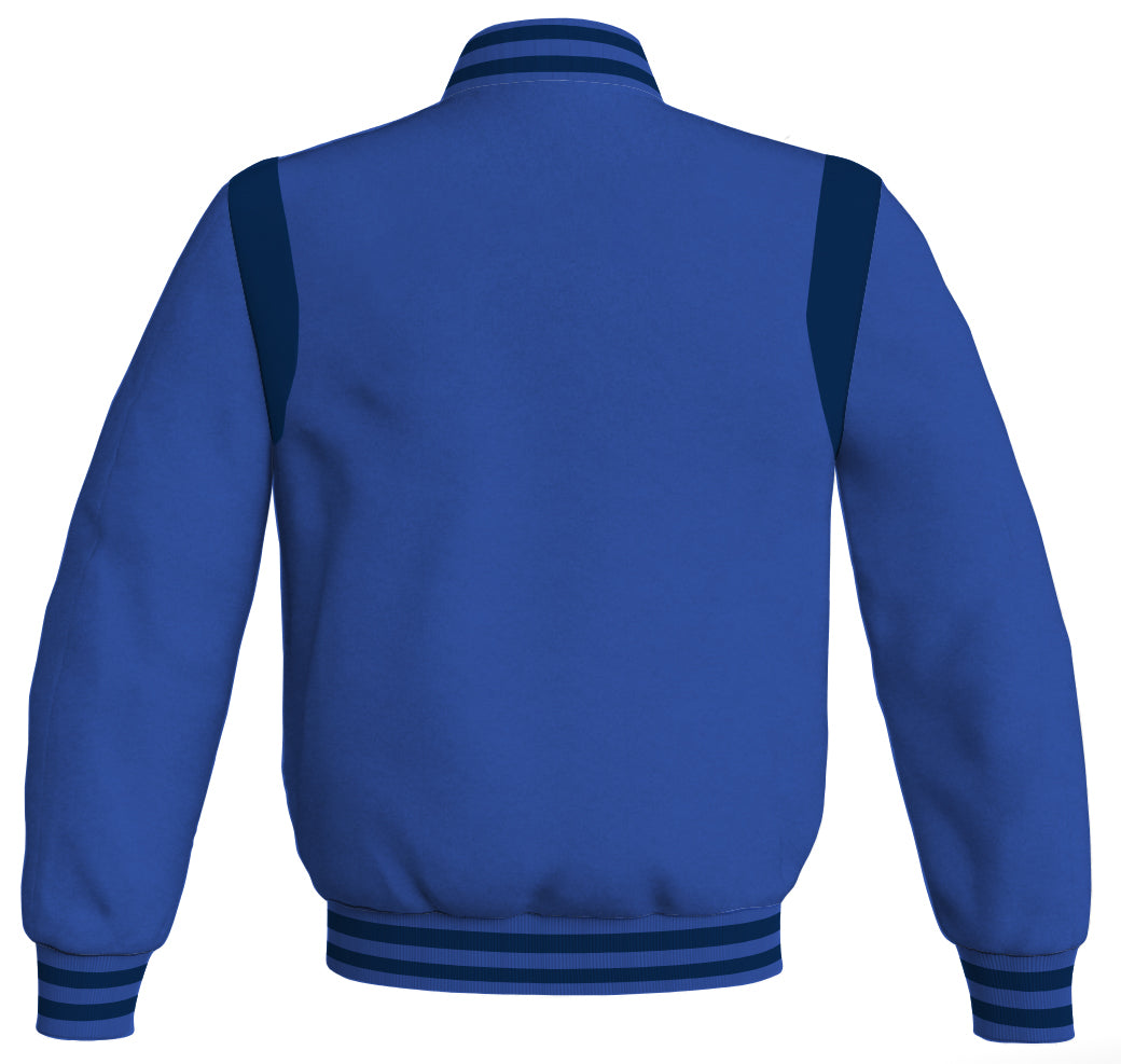 Letterman Baseball Bomber Jacket: Royal Blue Body with Navy Blue Leather Inserts.