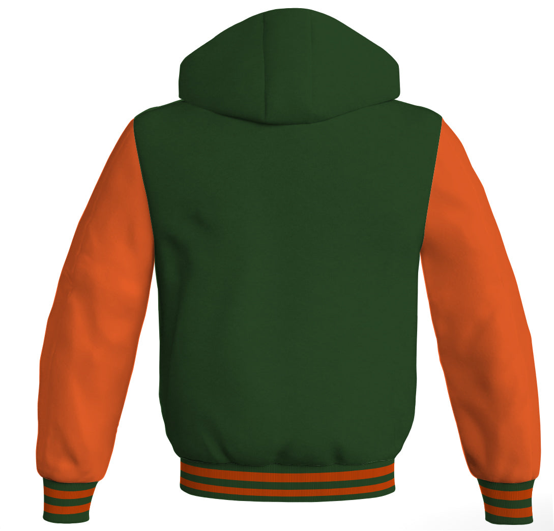 Letterman Bomber Hoodie Jacket Forest Green Body Orange Leather 