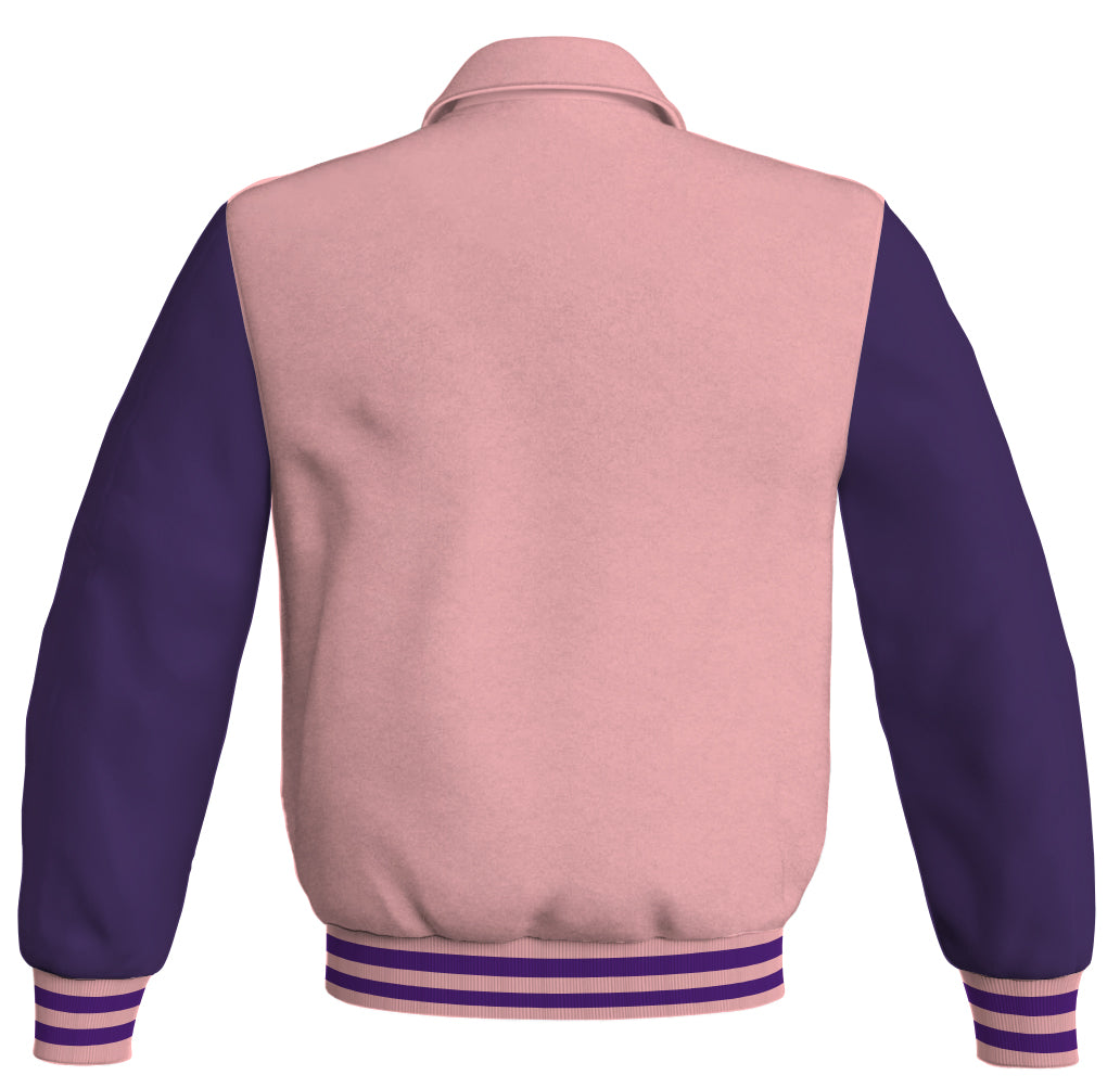 Bomber jacket with a pink body and purple leather sleeves.