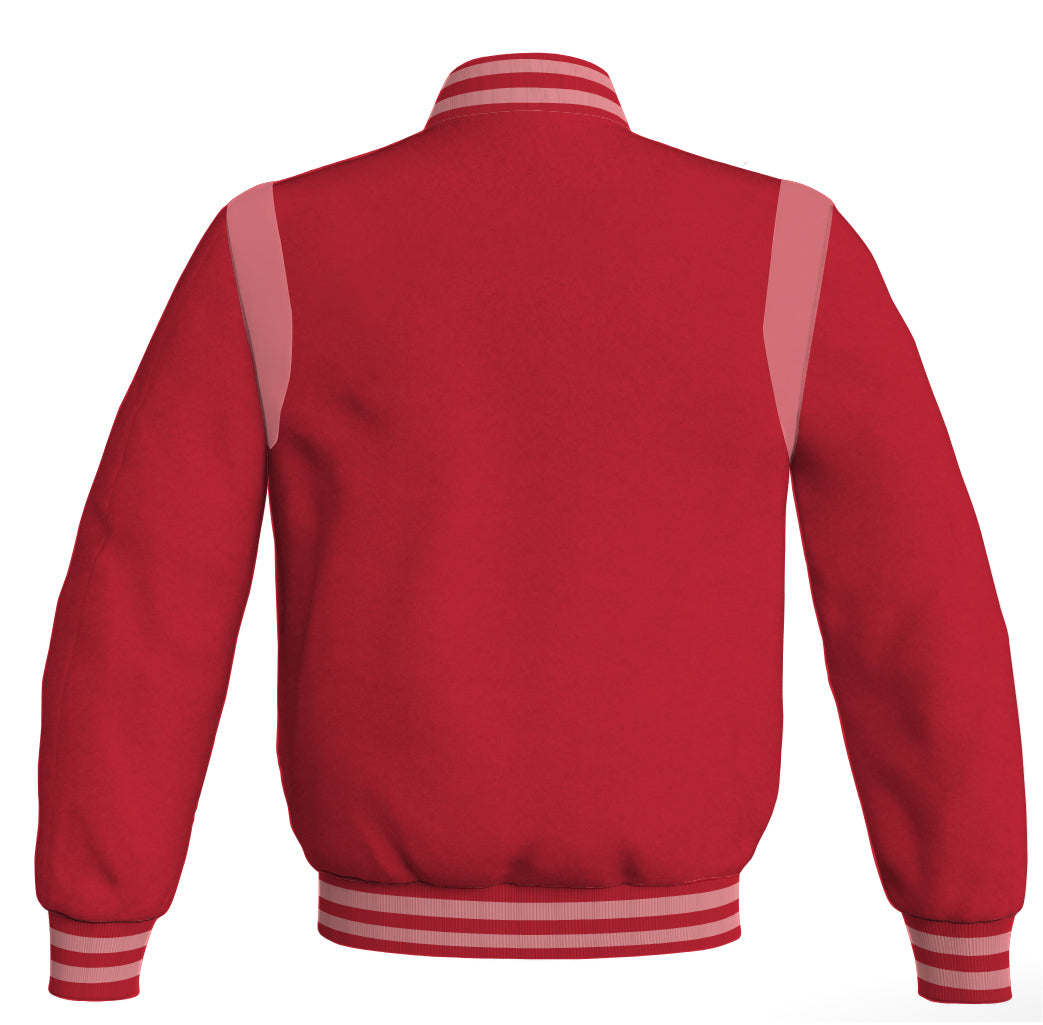 Retro-style Letterman baseball bomber jacket in red with orange leather inserts.