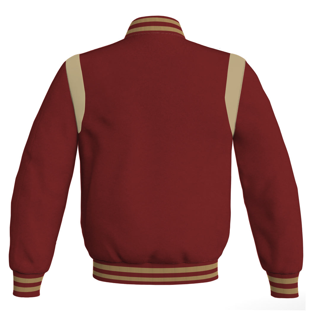 Letterman Baseball Bomber Jacket: Maroon body with cream leather inserts. Retro style.