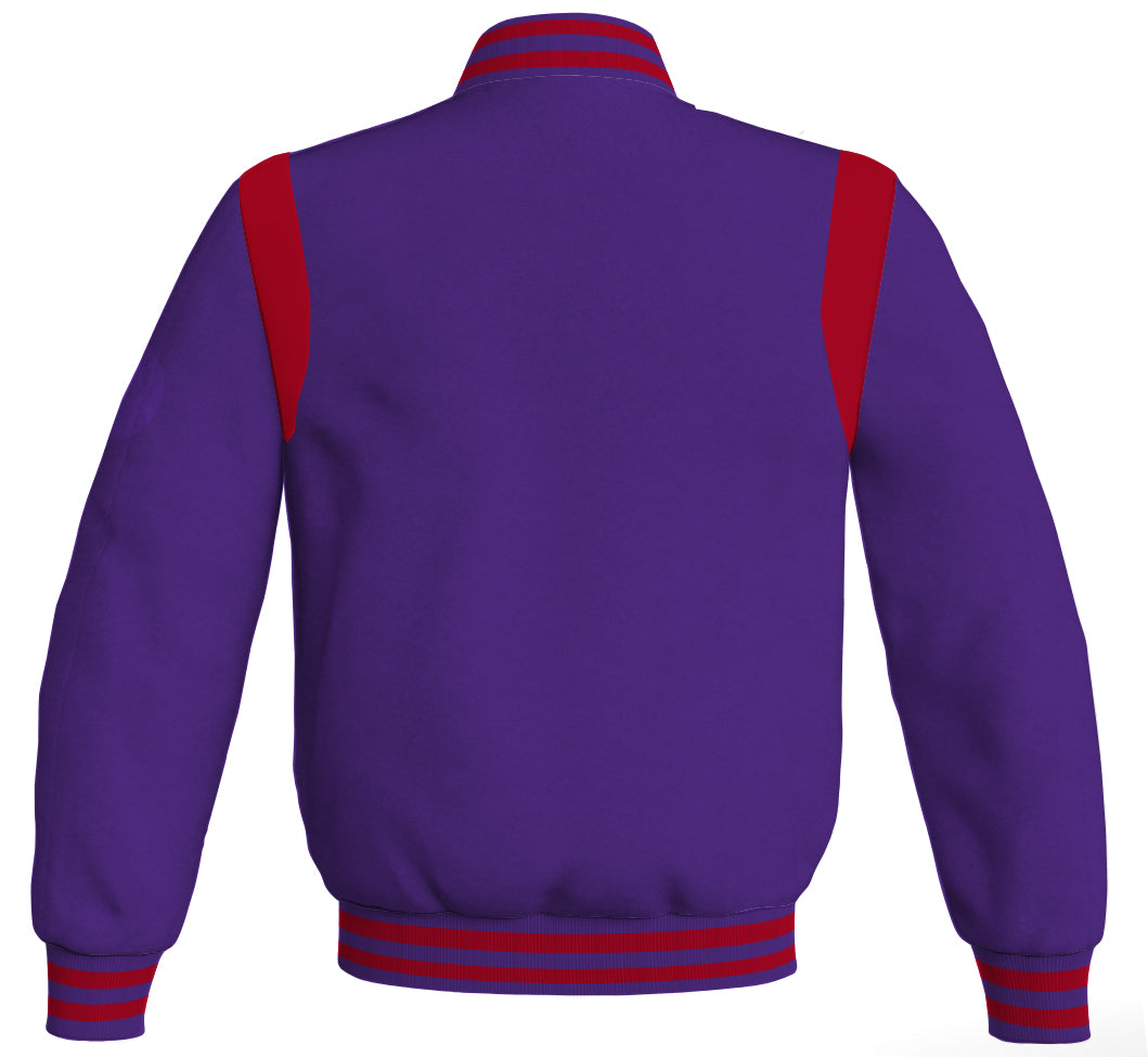 Retro Letterman baseball bomber jacket in purple with red leather inserts.