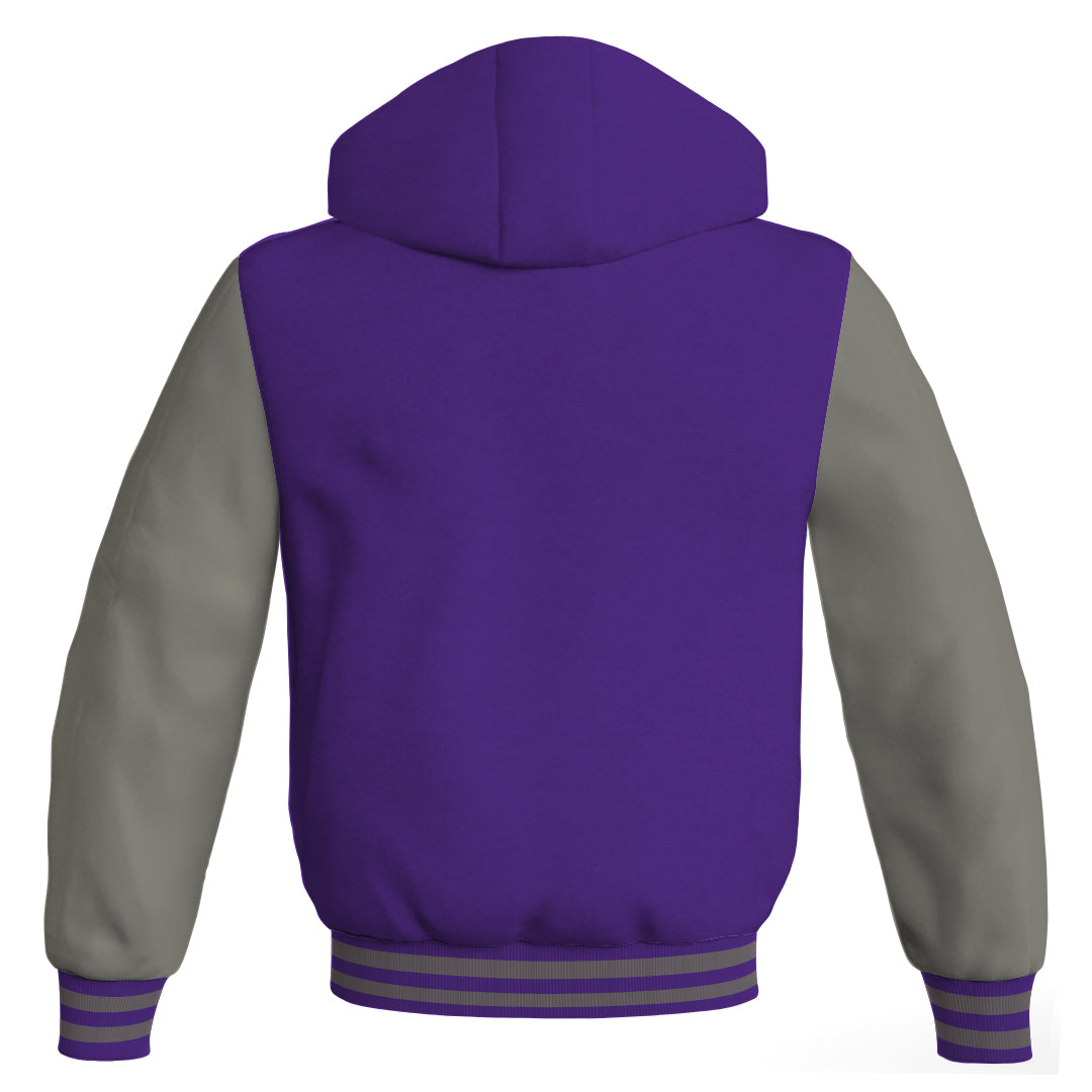 Letterman Bomber Hoodie Jacket Purple Body Gray Leather 