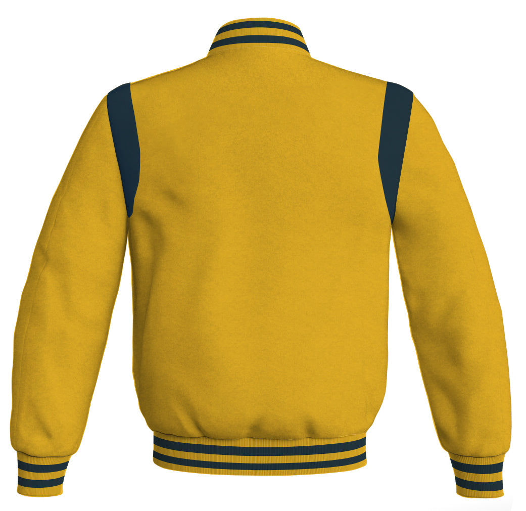 Letterman Baseball Bomber Retro Jacket Yellow/Gold Body Navy Blue Leather 