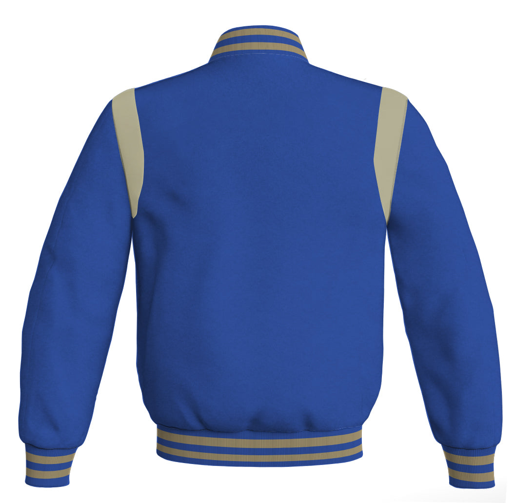 Royal blue Letterman baseball jacket featuring black leather detailing