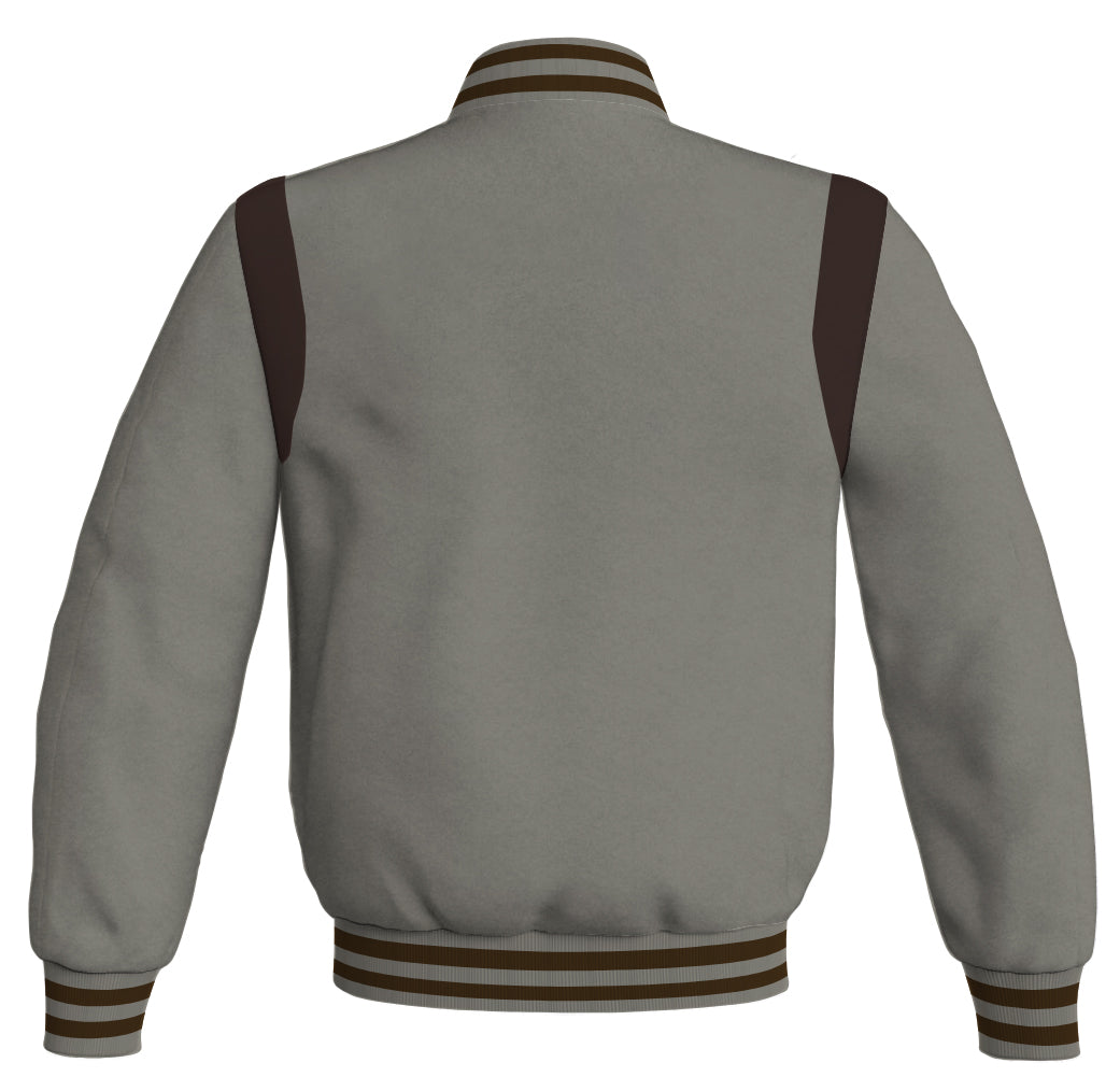  Retro style gray Letterman baseball bomber jacket with brown leather accents.