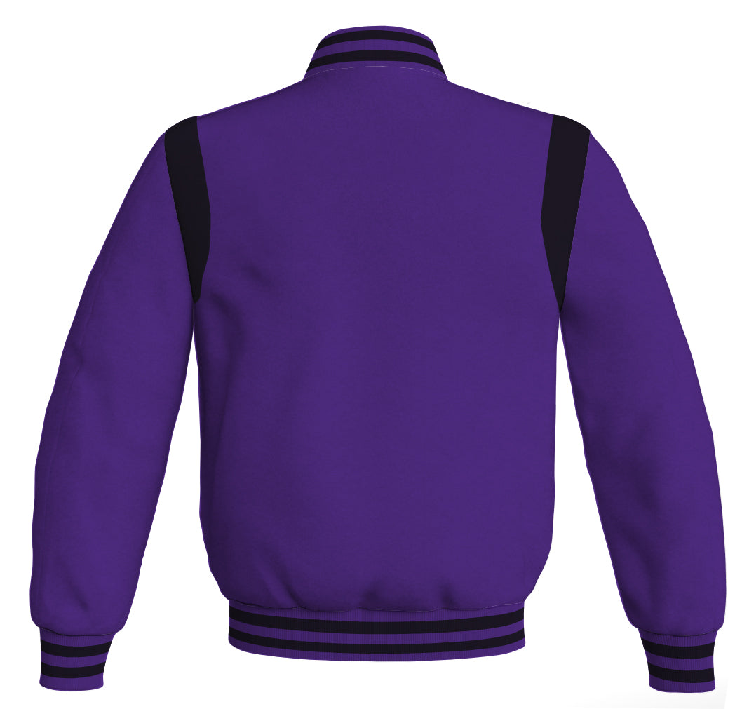 Letterman Baseball Bomber Jacket: Purple body with black leather inserts. Retro style.