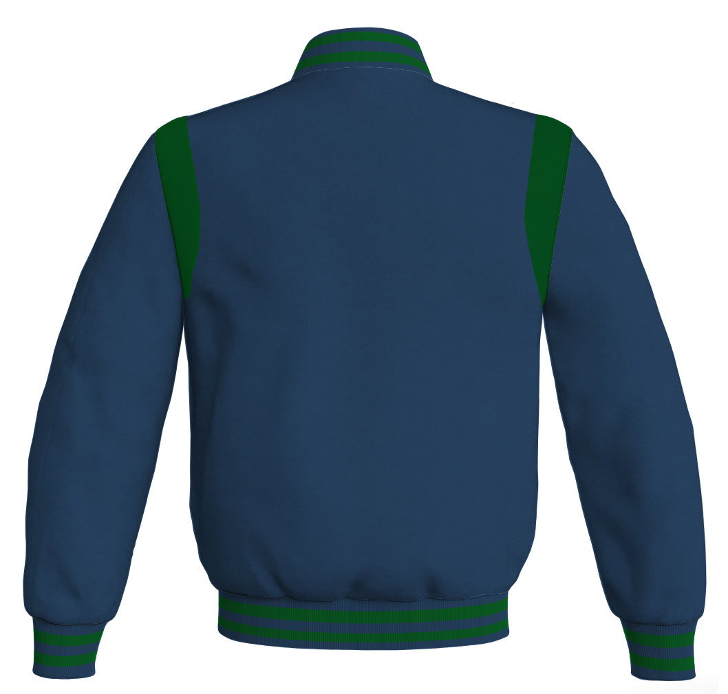 Letterman Baseball Bomber Jacket: Navy Blue Body with Green Leather Inserts. Retro style.