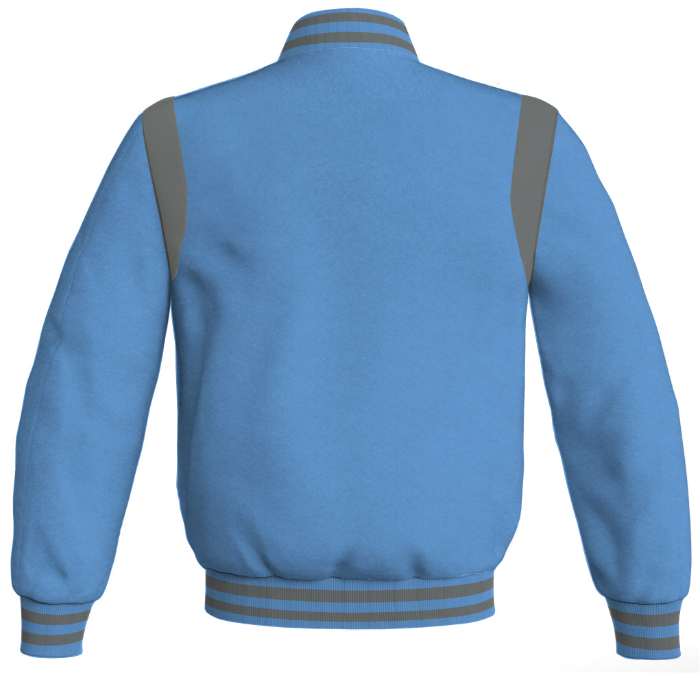 Letterman baseball bomber jacket featuring sky blue body and golden leather details