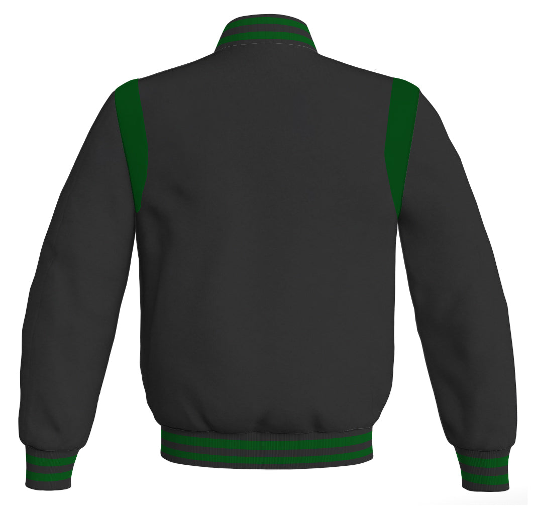 . Retro black Letterman baseball bomber jacket with green leather inserts.