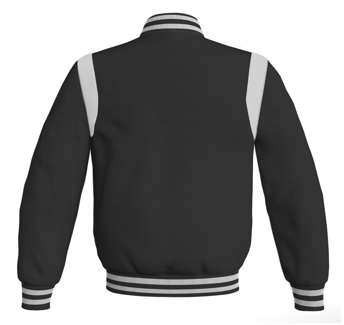 Letterman Baseball Bomber Jacket: Black body with white leather inserts. Retro style.