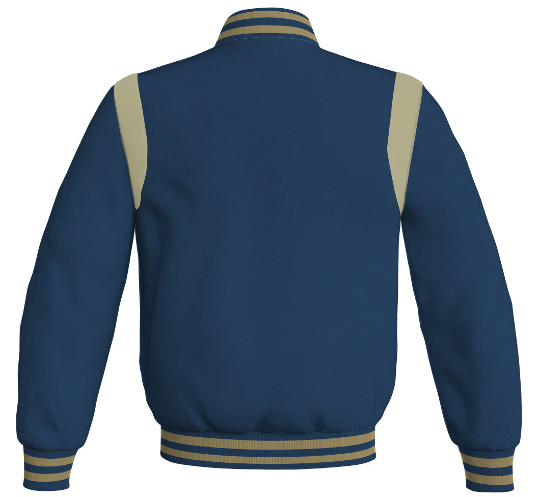 Letterman Baseball Bomber Jacket: Navy Blue Body, Cream Leather Inserts. Retro style with a sporty touch.