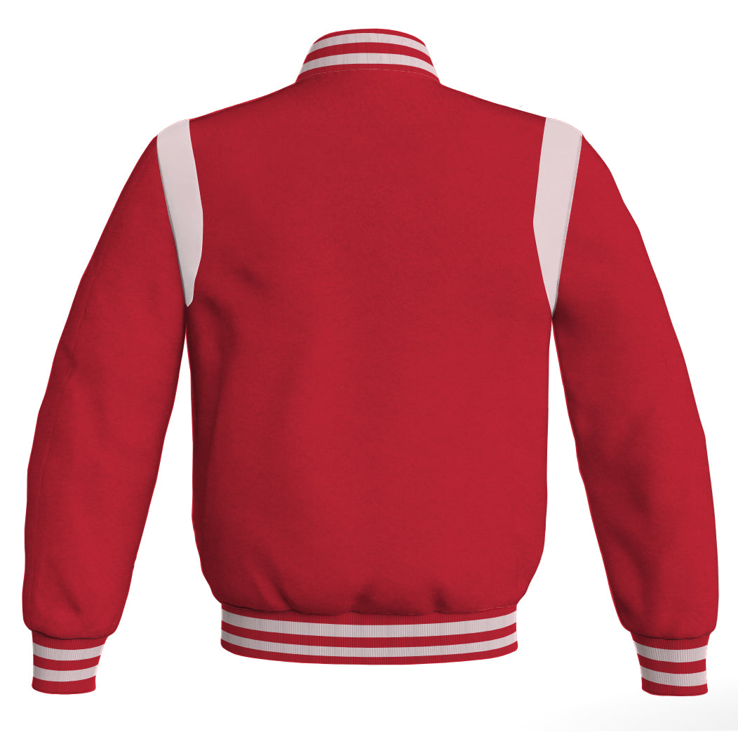 1. Red Letterman baseball bomber jacket with retro style, featuring orange leather inserts.