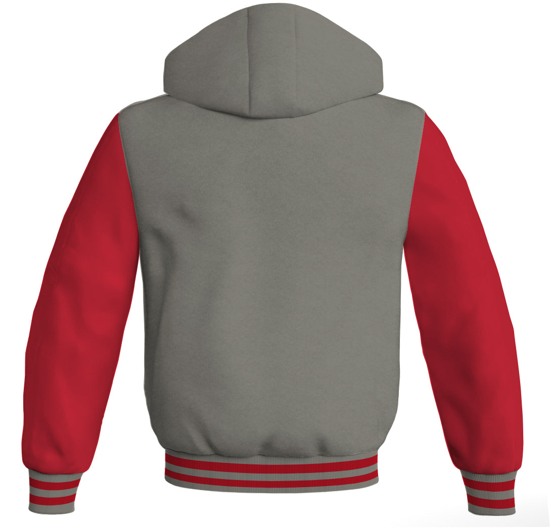 Letterman Bomber Hoodie Jacket Gray Body Red Leather 