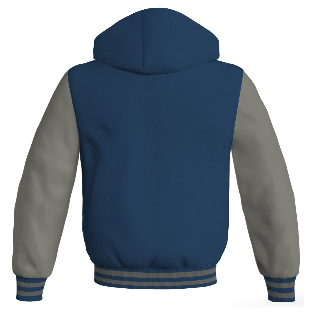 Hooded Bomber Women Navy Blue Body and Gray Leather Sleeves Custom Hoodies