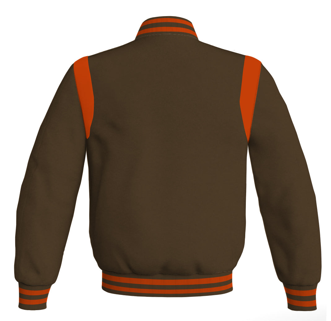 Letterman Baseball Bomber Jacket: Brown body with orange leather inserts. Retro style.