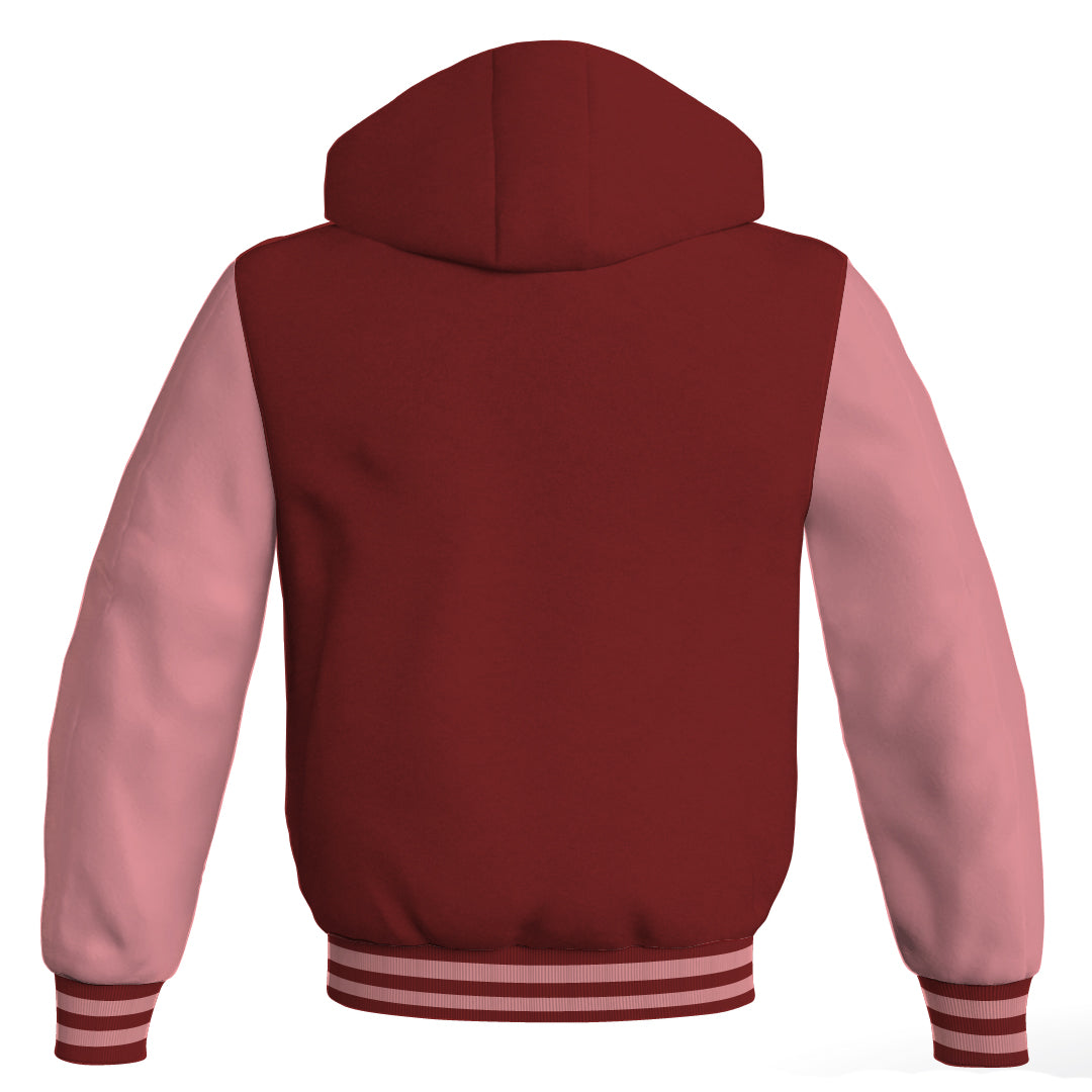 Letterman Bomber Hoodie Jacket Maroon Body Pink Leather 