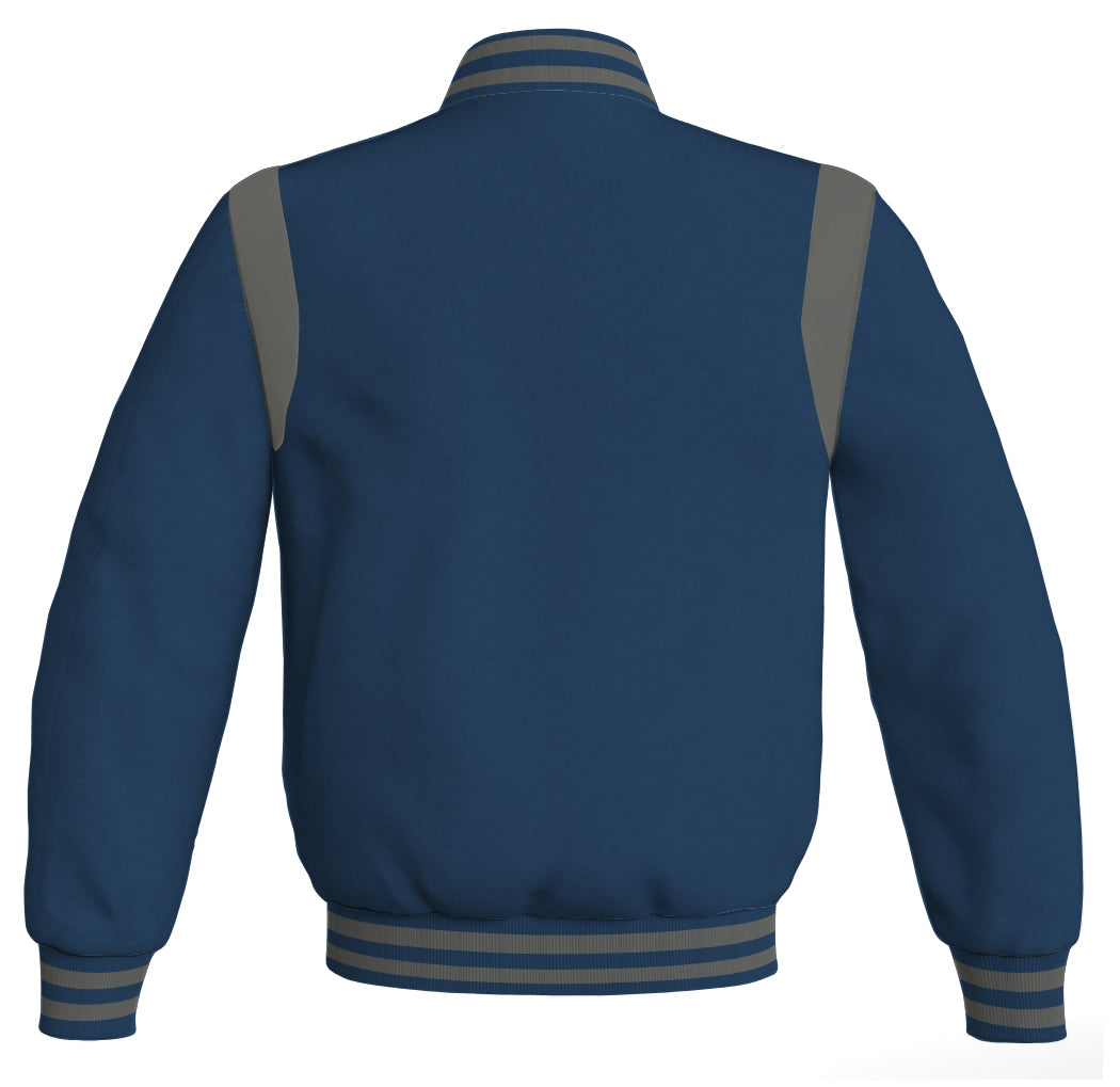 Letterman Baseball Bomber Jacket: Navy Blue Body, Gray Leather Inserts. Retro style with a sporty touch.