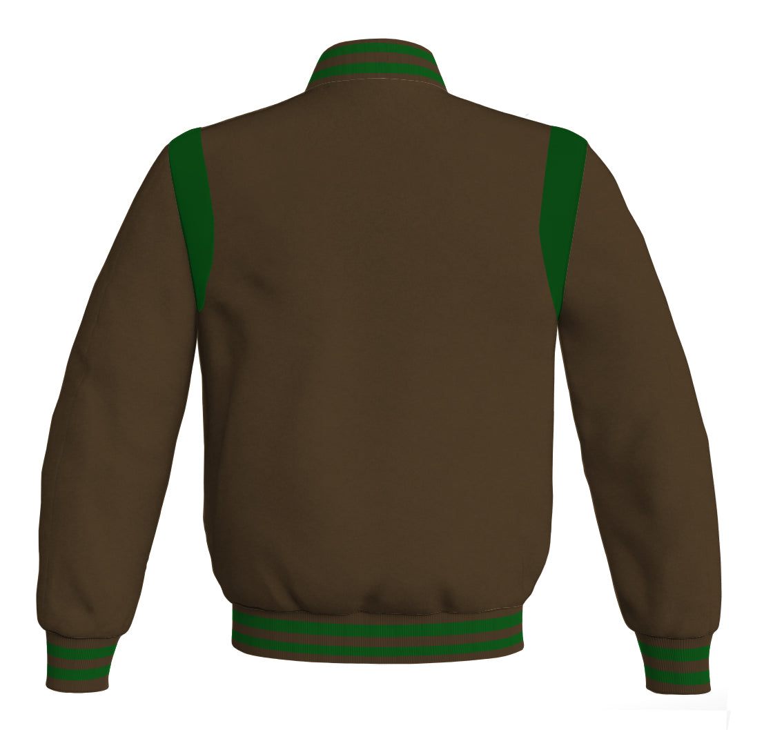 Letterman Baseball Bomber Retro Jacket: Brown body with green leather inserts.