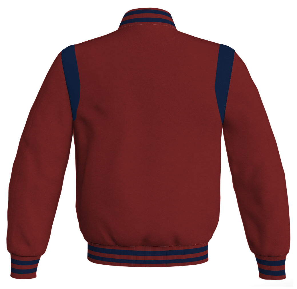 Letterman Baseball Bomber Jacket: Maroon body with navy blue leather inserts. Retro style.