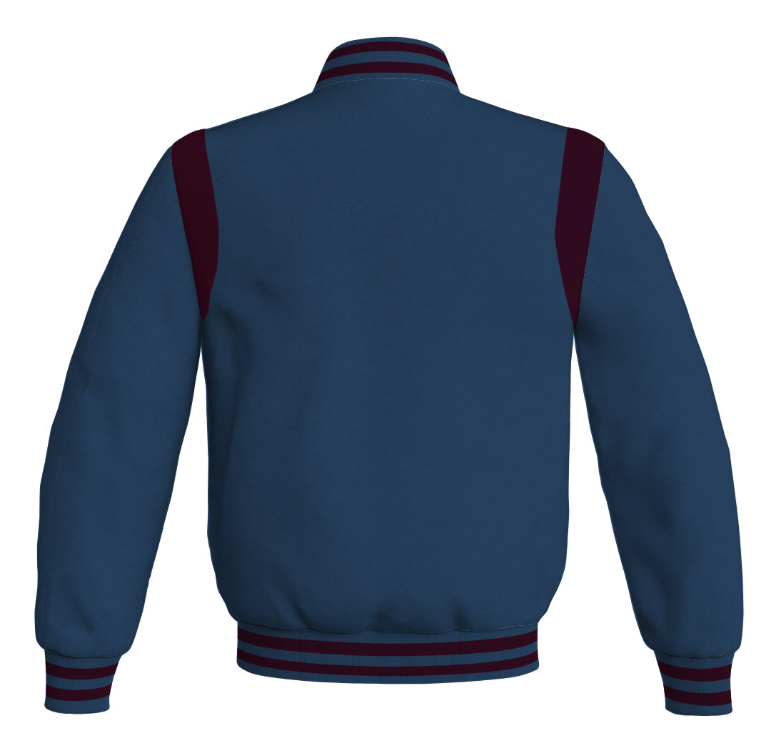 Navy blue Letterman baseball bomber jacket with maroon leather inserts.